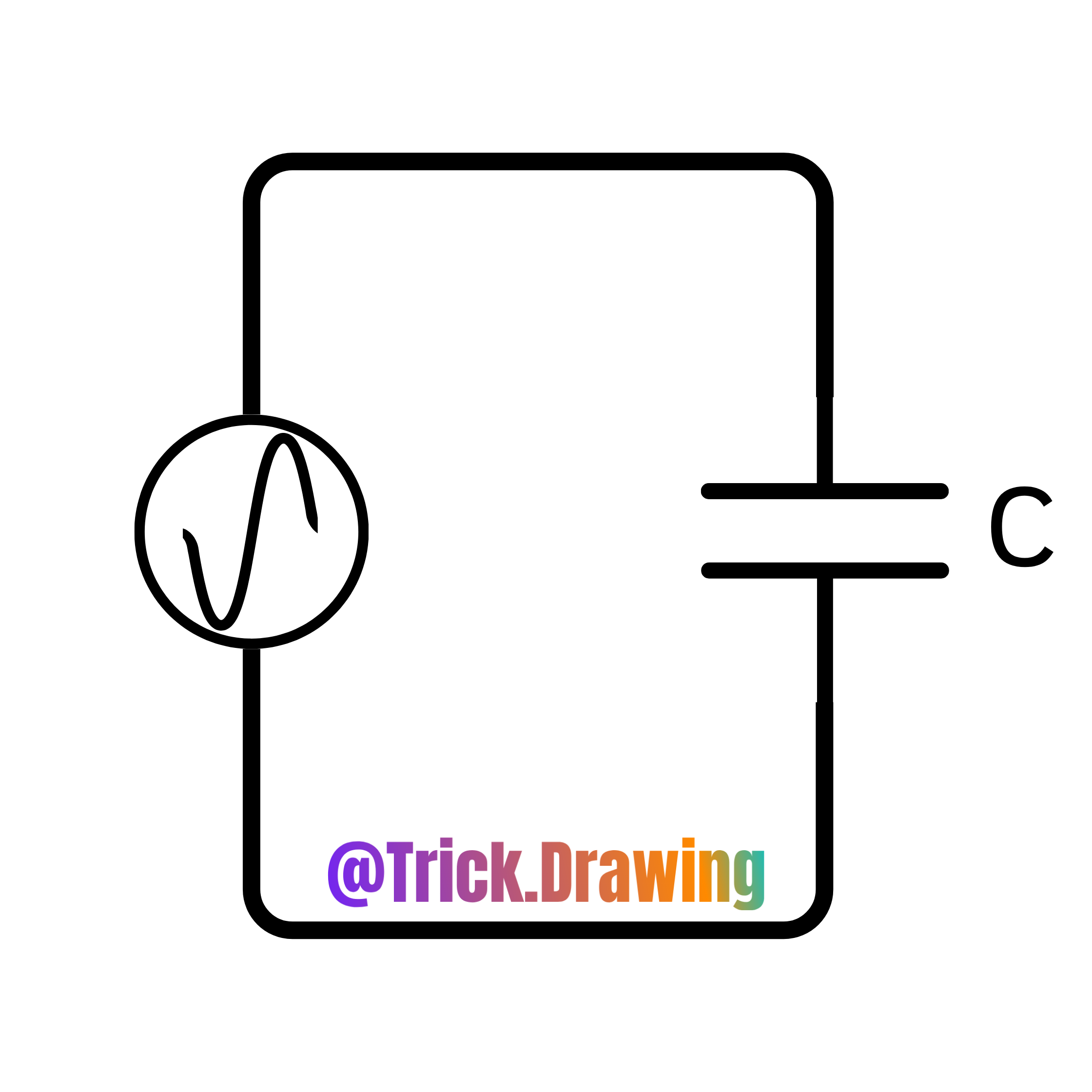 Desenho de um circuito com fonte de tensão alternada, resistor e capacitor em série